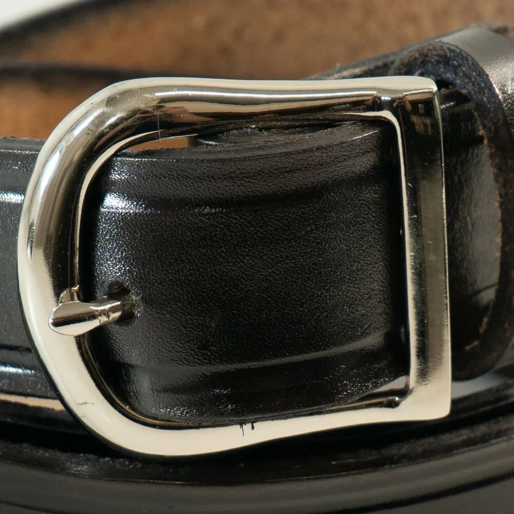 Vintage Black Leather Cowboy Belt Western Silver Tone Brass Buckle Heritage Belt